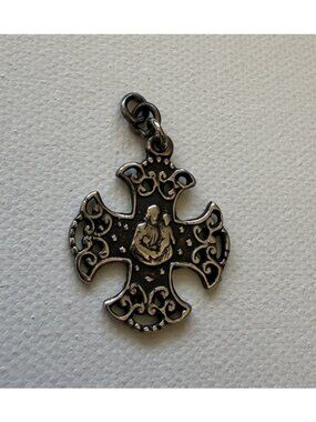 Vintage St. Joseph Sterling Silver Cross Religious Medal Dangle Scrollwork 1”